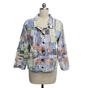 Michael Leu Abstract Art Print Denim Jacket Button‎ Front Women's Size M